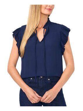 CeCe Women's Pleated Flutter-Sleeve Tie-Neck Blouse Blue Size S MSRP $79